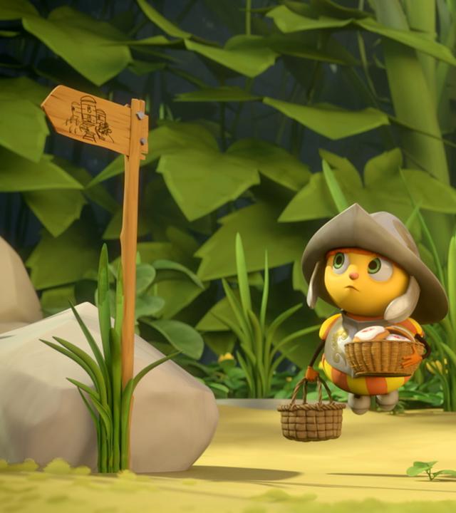 Mistel schwebt neben einem Wegweiser. Er trägt zwei Körbe voller Proviant.