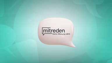 Grafische Darstellung einer Sprechblase auf blau-grünem Hintergrund mit dem Schriftzug „mitreden“ und dem Untertitel „Deine Meinung zählt“. Das Logo verweist auf das ZDF-Zuschauerpanel und die Möglichkeit, eigene Meinungen einzubringen.