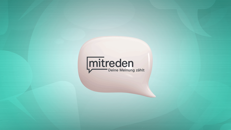 Grafische Darstellung einer Sprechblase auf blau-grünem Hintergrund mit dem Schriftzug „mitreden“ und dem Untertitel „Deine Meinung zählt“. Das Logo verweist auf das ZDF-Zuschauerpanel und die Möglichkeit, eigene Meinungen einzubringen.