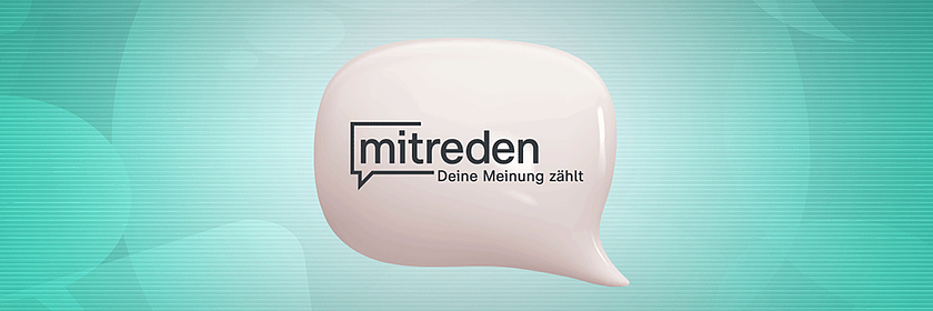 Grafische Darstellung einer Sprechblase auf blau-grünem Hintergrund mit dem Schriftzug „mitreden“ und dem Untertitel „Deine Meinung zählt“. Das Logo verweist auf das ZDF-Zuschauerpanel und die Möglichkeit, eigene Meinungen einzubringen.