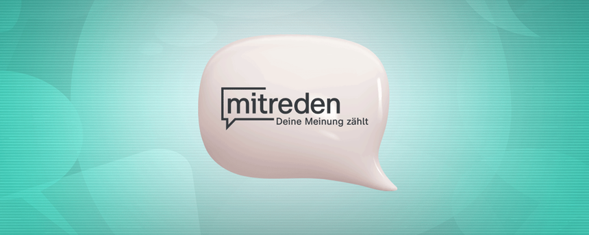 Grafische Darstellung einer Sprechblase auf blau-grünem Hintergrund mit dem Schriftzug „mitreden“ und dem Untertitel „Deine Meinung zählt“. Das Logo verweist auf das ZDF-Zuschauerpanel und die Möglichkeit, eigene Meinungen einzubringen.