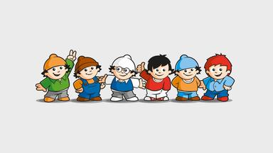 Auf dem Bild zu sehen sind Anton, Berti, Conni, Det, Edi und Fritzchen. Die Mainzelmännchen des ZDF. Sie stehen nebeneinander.
