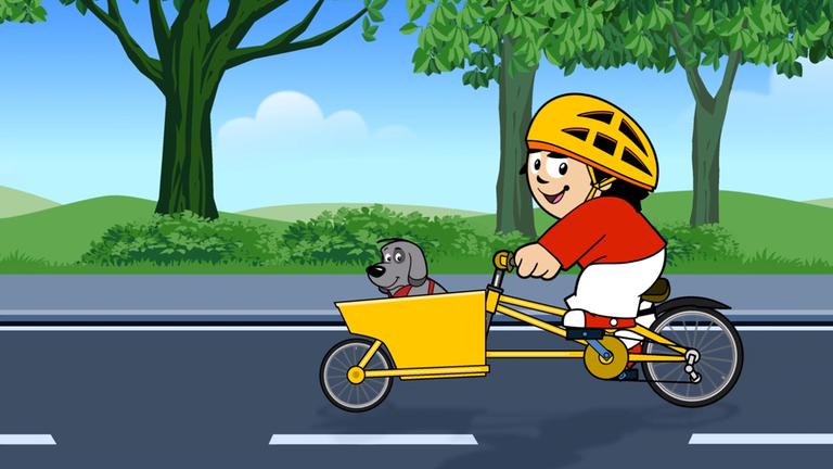 Mainzelmännchen mit einem Hund in seinem Lastenfahrrad