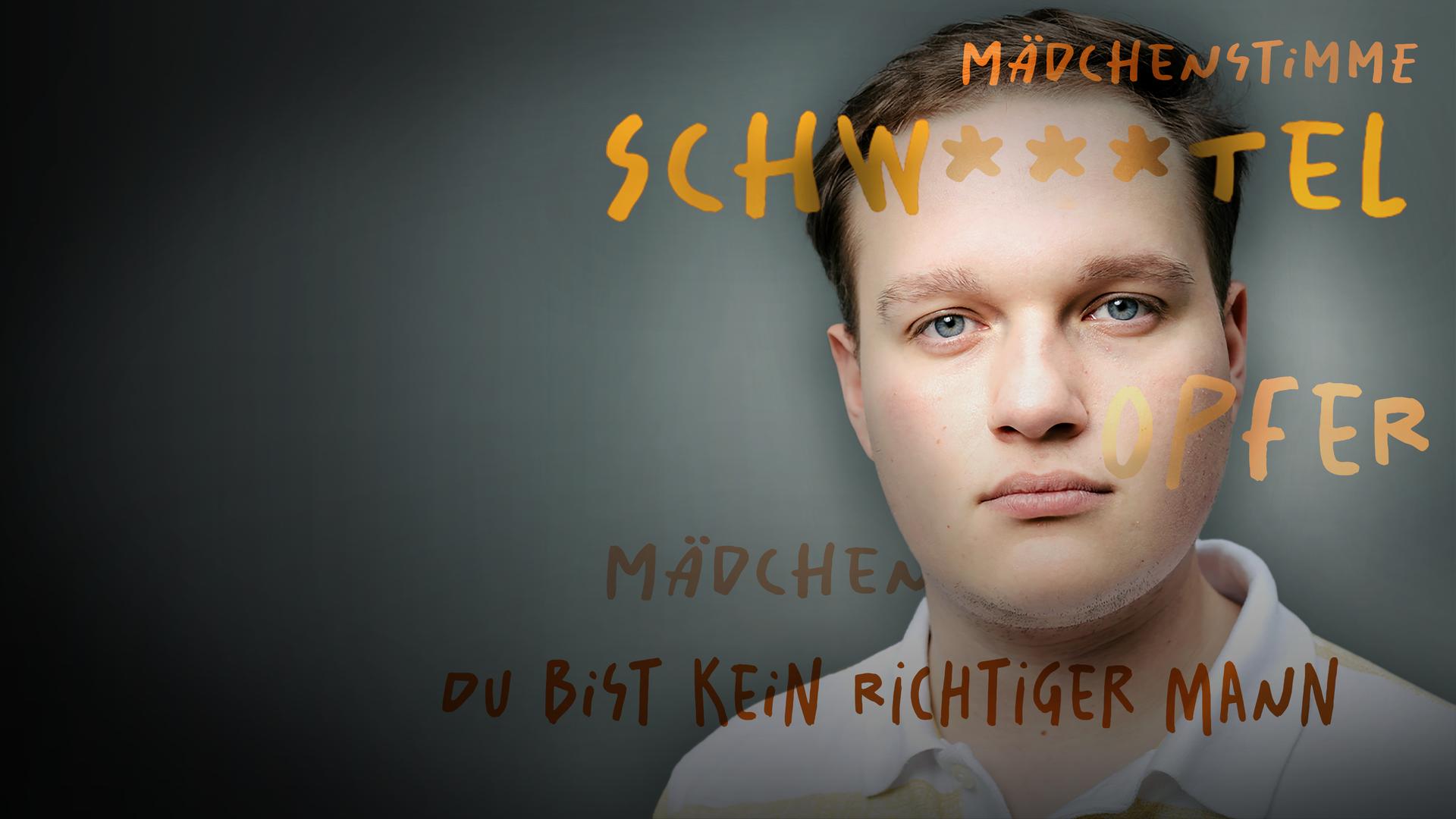 Jannik schaut traurig in die Kamera - über sein Gesicht und das Bild laufen beleidigende Sprüche