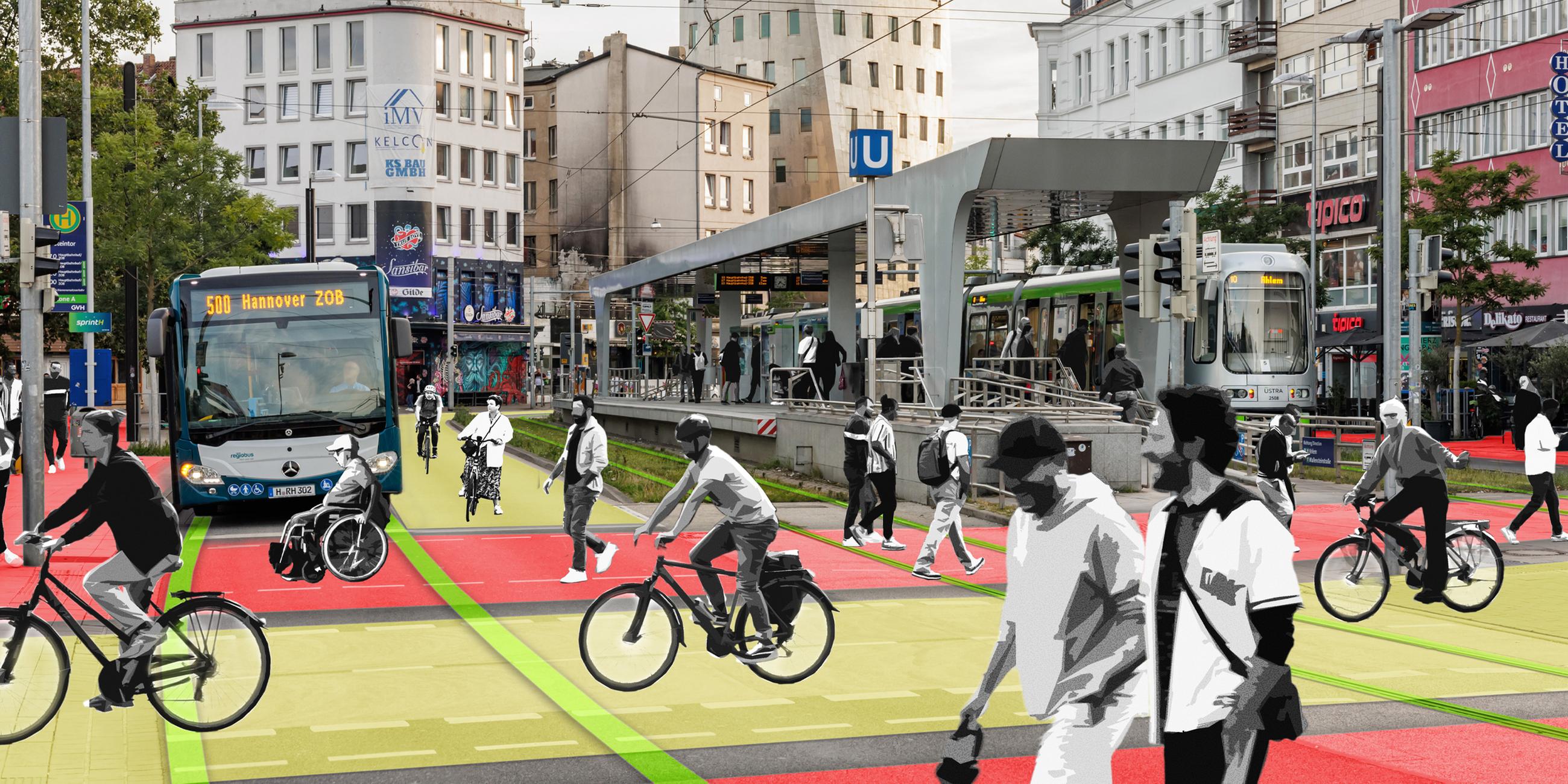 Die Visualisierung zeigt eine mögliche zukünftige Verkehrslenkung auf dem Steintorplatz in Hannover.