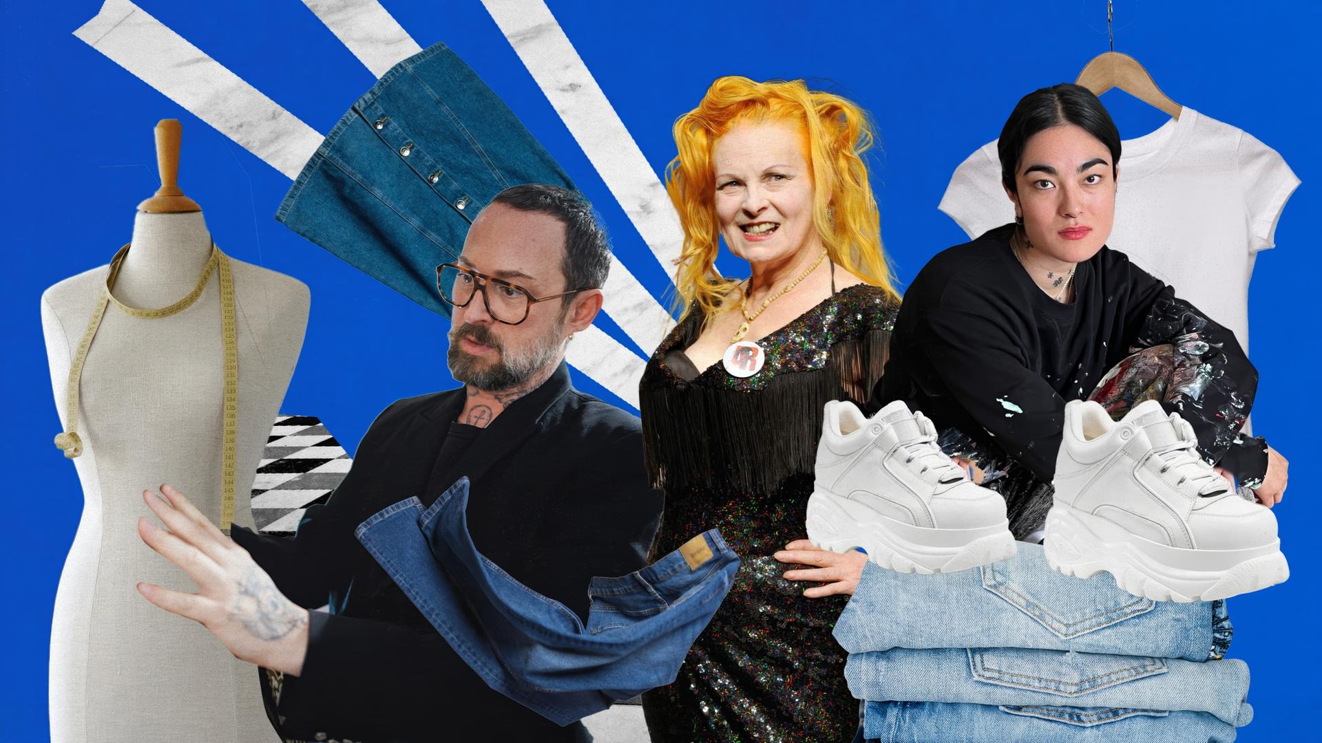 Der Hintergrund des Bildes ist blau. Man erkennt im Hintergrund drei weiße Streifen, die sich durch das Bild ziehen. Auf dem Bild ist von links nach rechts folgendes zu sehen: Ein Mann an einer Steck-Puppe, eine Frau mit orangenen Haaren, eine Frau mit schwarzen Haaren und rotem Lippenstift, vor ihr ein Paar weiße Sneakers auf einer Jeans. Hinter der Frau ein weißes T-Shirt.  