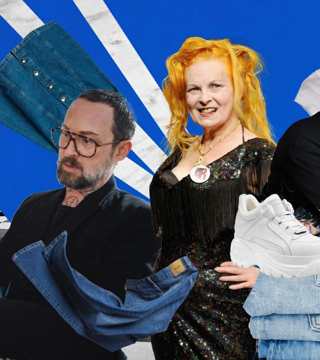 Der Hintergrund des Bildes ist blau. Man erkennt im Hintergrund drei weiße Streifen, die sich durch das Bild ziehen. Auf dem Bild ist von links nach rechts folgendes zu sehen: Ein Mann an einer Steck-Puppe, eine Frau mit orangenen Haaren, eine Frau mit schwarzen Haaren und rotem Lippenstift, vor ihr ein Paar weiße Sneakers auf einer Jeans. Hinter der Frau ein weißes T-Shirt.  