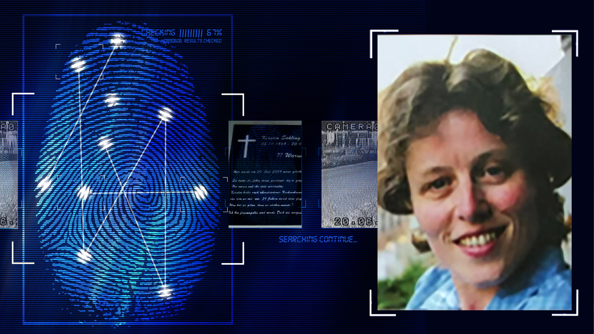 Portraitfoto einer Frau. Sie lacht in die Kamera und hat kurze helle Haare. Im Anschnitt ist ein hellblaues Hemd zu erkennen. Links daneben: Lichtschematische Darstellung eines Fingerabdrucks.