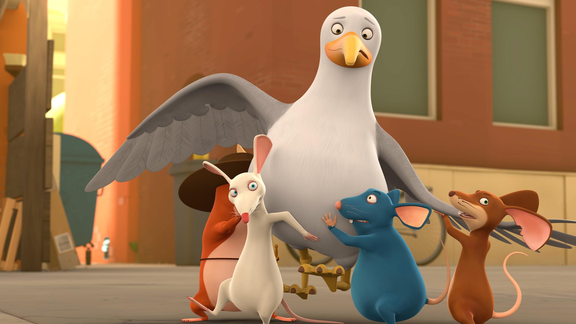 Möwe Benny stürzt ab und verletzt sich am Flügel. Die Ratten beschützen sie vor Kater Cäsar.