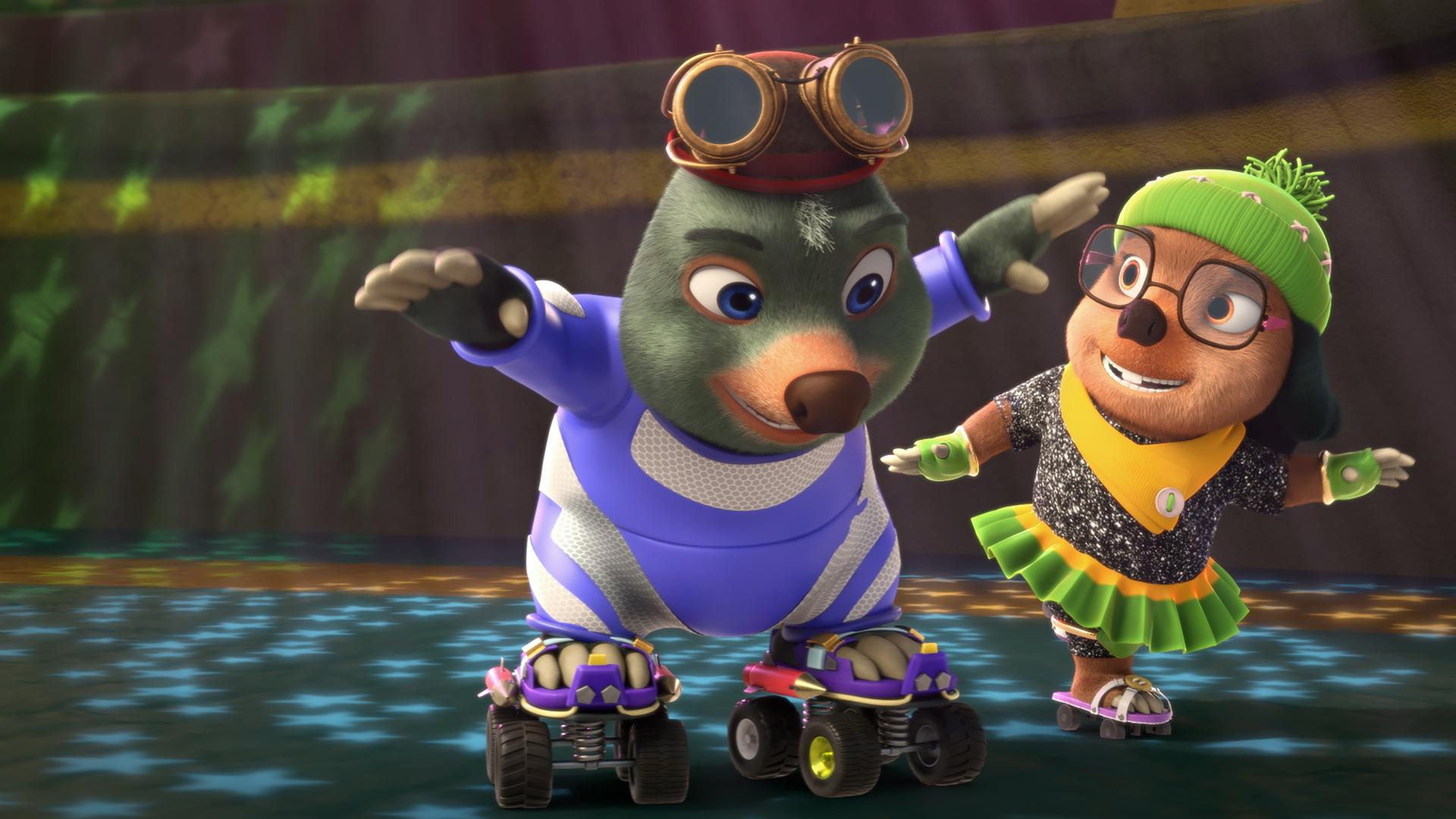 In einem Stadion mit Publikum auf den Rängen fährt Moley in einen gepolsterten Anzug gekleidet auf Rollschuhen. Er wirkt unsicher. Dotty fährt ebenfalls auf Rollschuhen neben ihm und spricht ihm Mut zu.