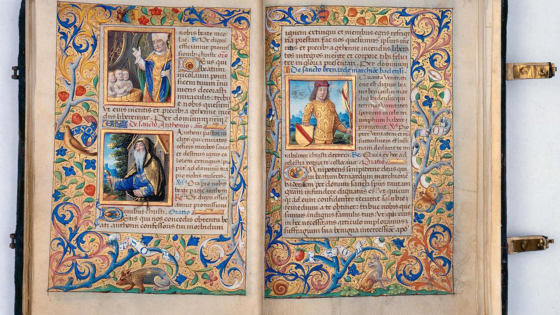 Zwei reich verzierte Seiten aus dem "Stundenbuch des Markgrafen Christoph von Baden", das um 1490 entstand.