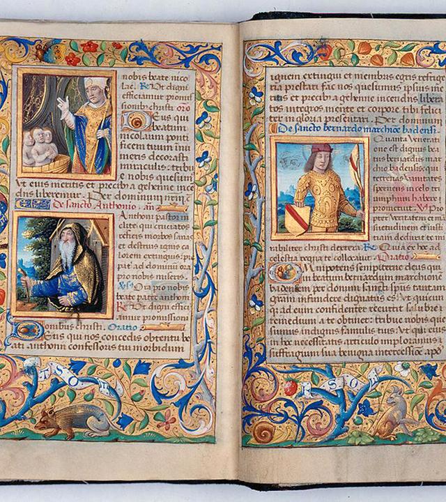 Zwei reich verzierte Seiten aus dem "Stundenbuch des Markgrafen Christoph von Baden", das um 1490 entstand.