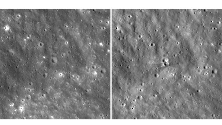 Diese Bildkombination, aus von der NASA zur Verfügung gestellten Aufnahmen des Lunar Reconnaissance Orbiter zusammengestellt wurde, zeigt Bilder eines frischen Kraters auf dem Mond vor (l) und nach (r) dem Einschlag einer SpaceX-Raketenstufe .