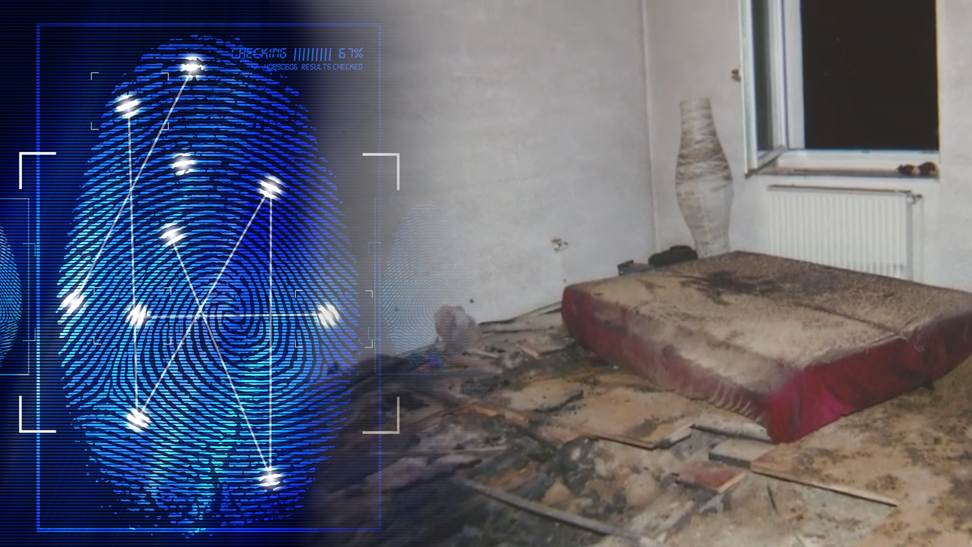 Bild aus der Polizeiakte zeigt Foto einer Brandwohnung. Russspuren, eine Matratze, eine Stehlampe und ein Fenster. Draußen ist es dunkel. Links daneben: Lichtschematische Darstellung eines Fingerabdrucks.