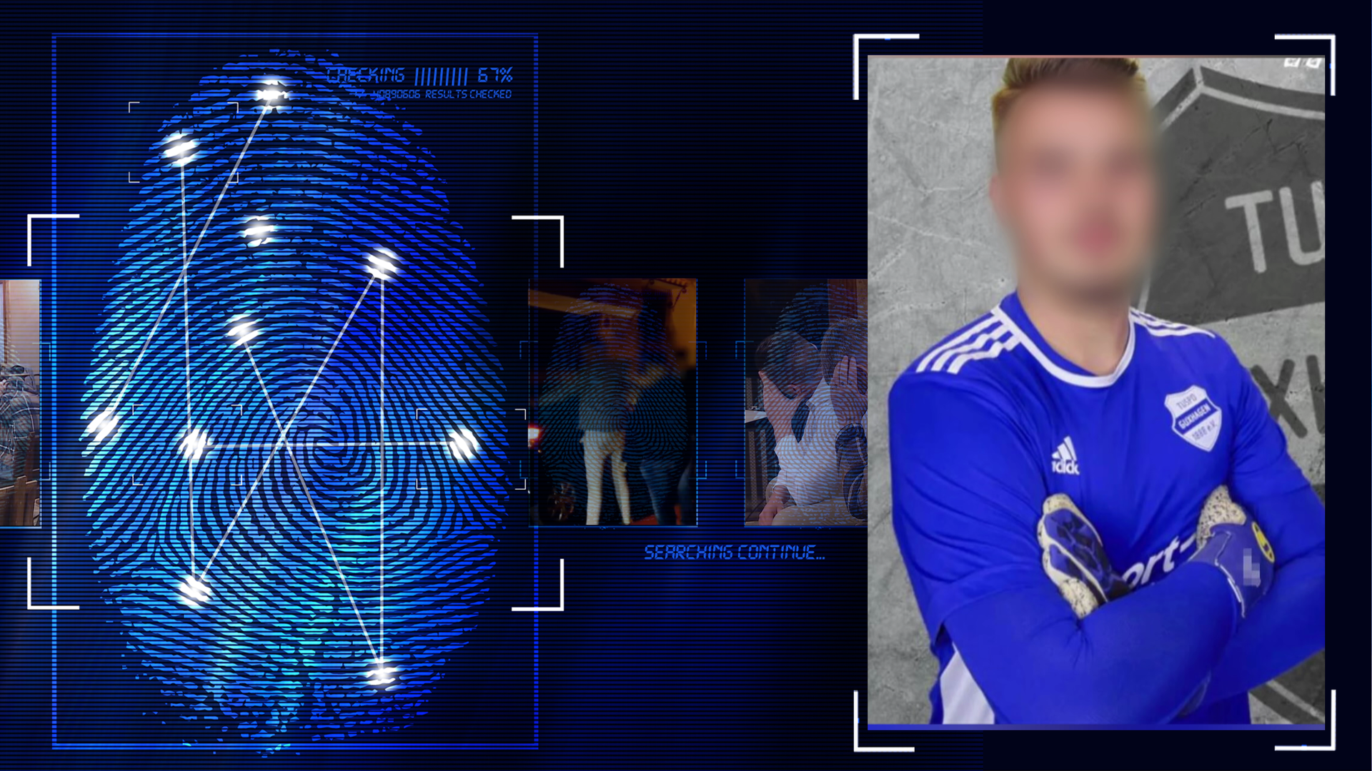 EIn junger Mann, ca 20 Jahre im blauen Fußballtrikot posiert mit verschränkten Armen vor der Kamera. Er trägt Torwarthandschue. Links daneben: Lichtschematische Darstellung eines Fingerabdrucks.