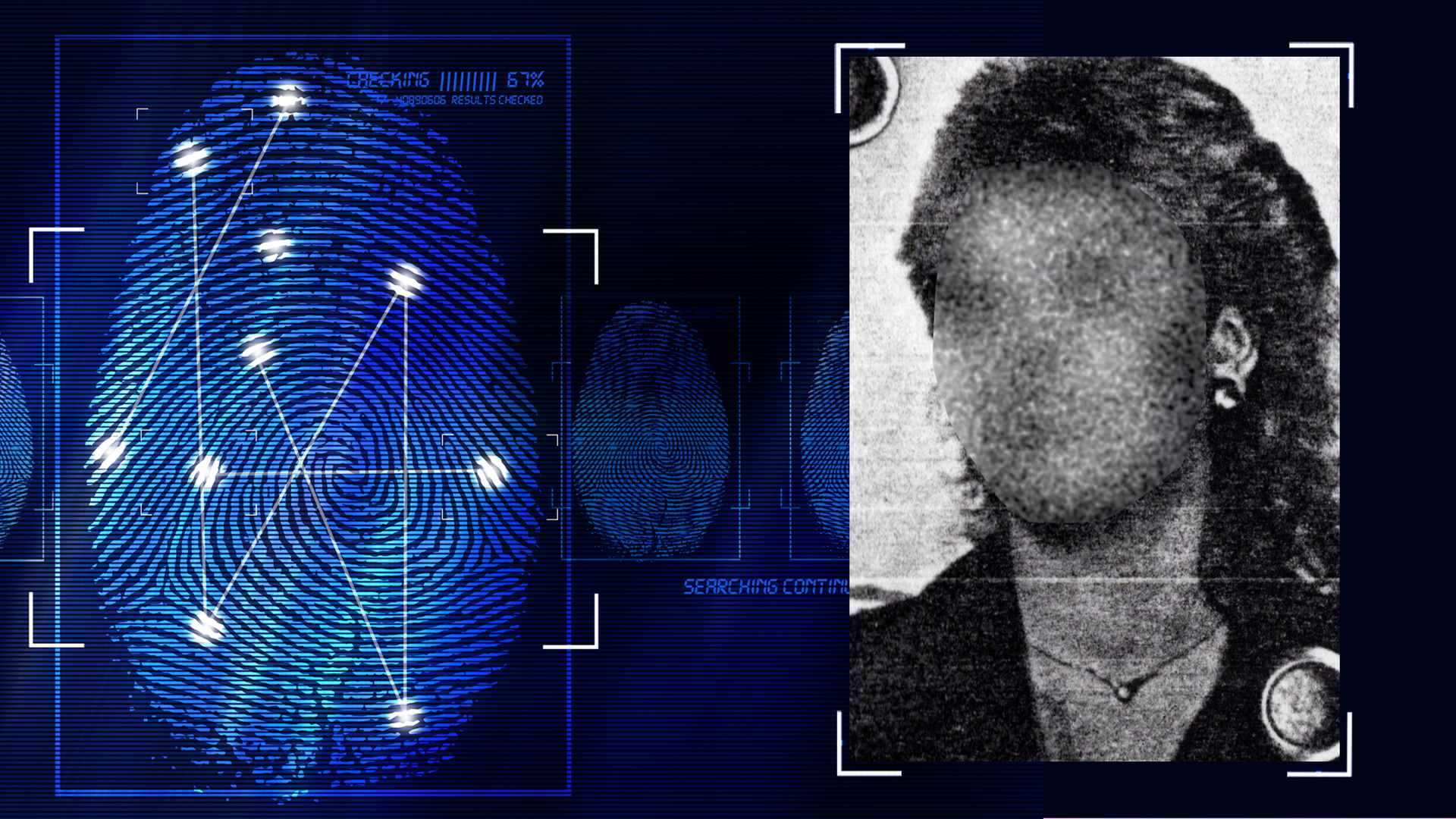 Portraitfoto des Opfers. Das Gesicht wurde verfremdet. Links daneben: Lichtschematische Darstellung eines Fingerabdrucks.