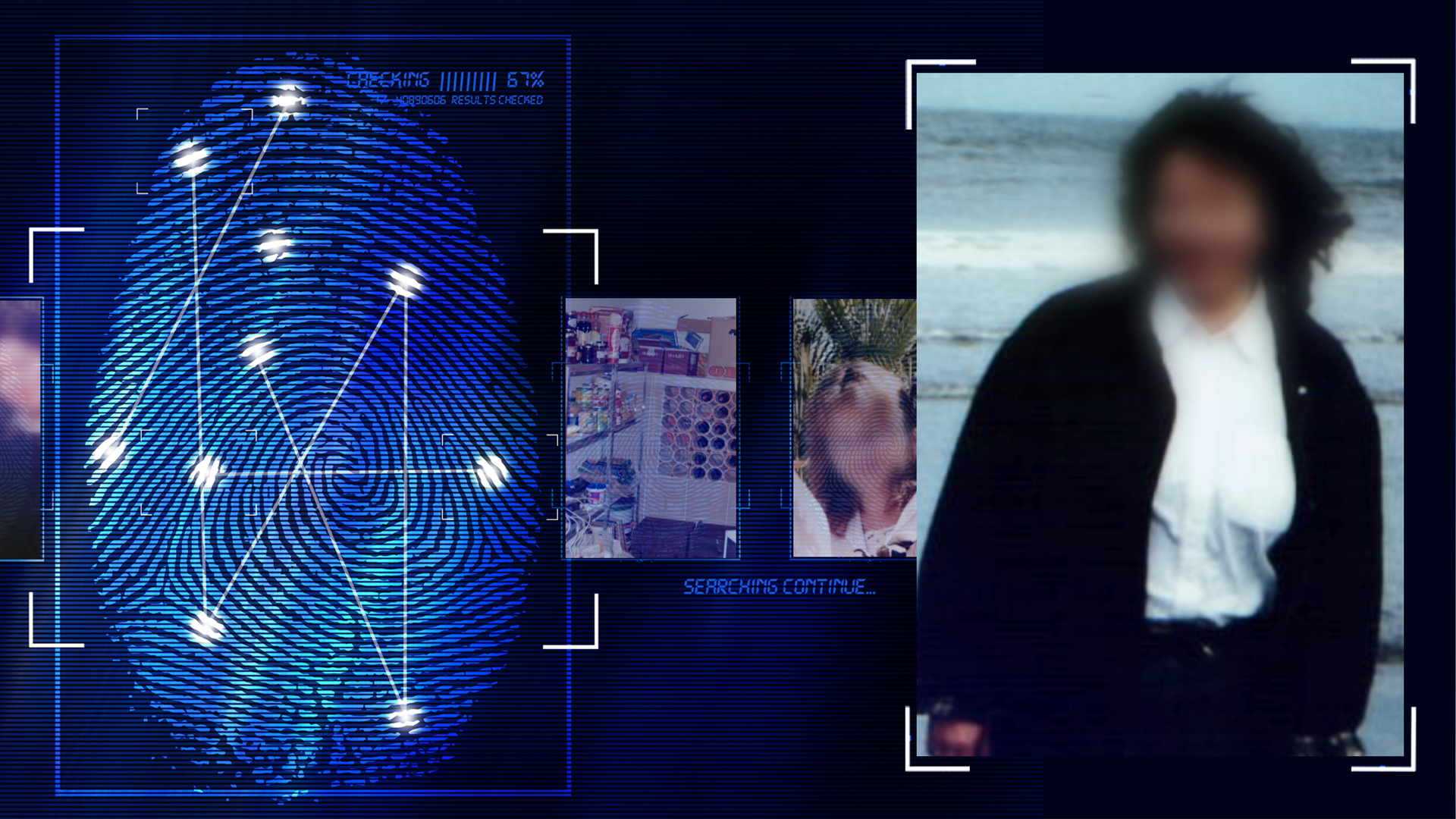 Foto des Opfers am Meer. Frau mit langen dunklen Haaren, weißem Hemd und schwarzer Hose, schwarze Jacke. Schaut Richtung Kamera. Das Gesicht wurde technisch verfremdet im Bild. Links daneben: Lichtschematische Darstellung eines Fingerabdrucks