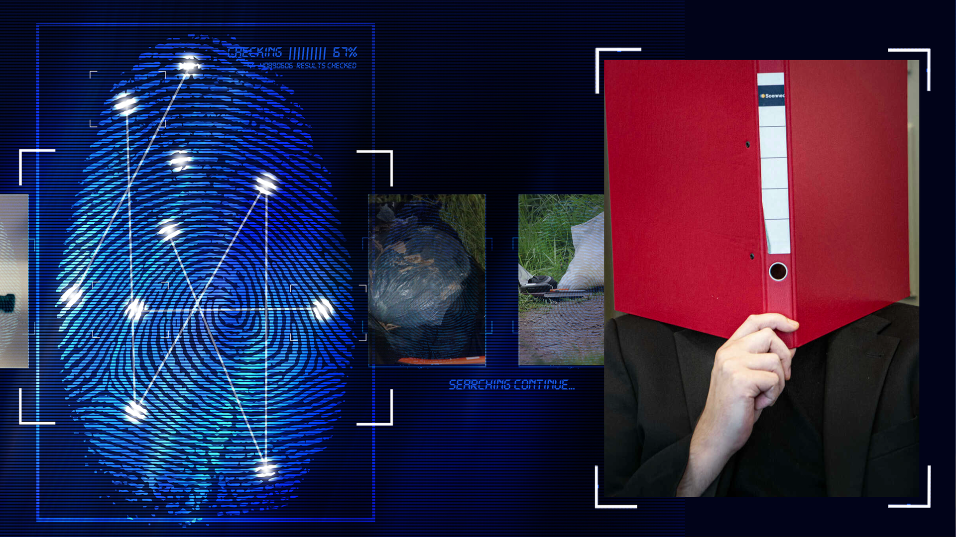 Eine Person hält sich einen aufgeklappten roten Aktenordner vors Gesicht. Die Person trägt schwarze Oberbekleidung und hält den Ordner in der rechten Hand. Links daneben: Lichtschematische Darstellung eines Fingerabdrucks.