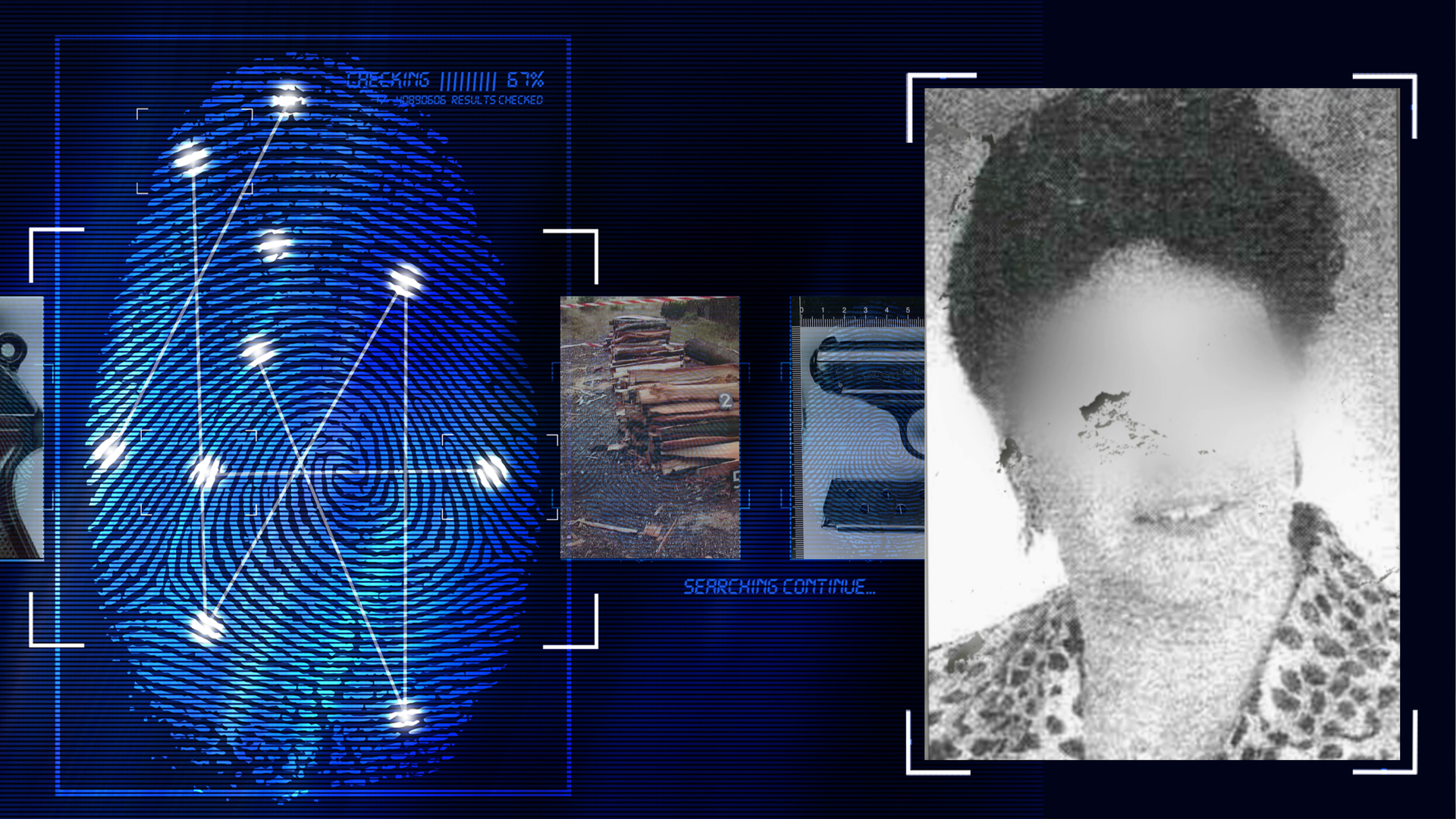 Schwarzweißportraitfoto einer Frau, ca.25 Jahre alt, offenbar ein Bild aus einer Zeitung. Sie lächelt in die Kamera, das Gesicht wurde allerings technisch verfremdet. Sie trägt ein helles Oberteil mit dunklen Flecken und kurze schwarze Haare. Links daneben: Lichtschematische Darstellung eines Fingerabdrucks.