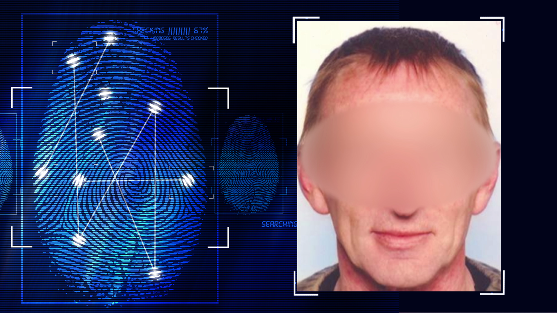Portraitfoto des Opfers. Das Gesicht wurde teilweise unkenntlich gemacht. Links daneben: Lichtschematische Darstellung eines Fingerabdrucks.