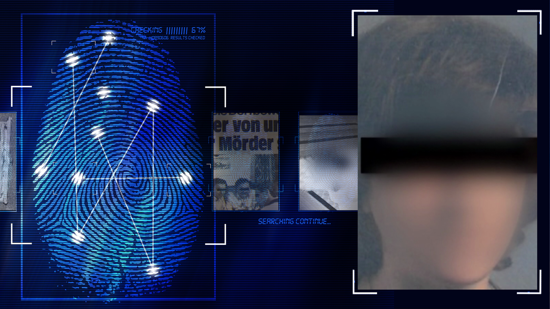 Portraitfoto des Mordopfers Roswitha K. Die Augenpartie wurde im Bild mit einem schwarzen Balken unkenntlich gemacht. Links daneben: Lichtschematische Darstellung eines Fingerabdrucks