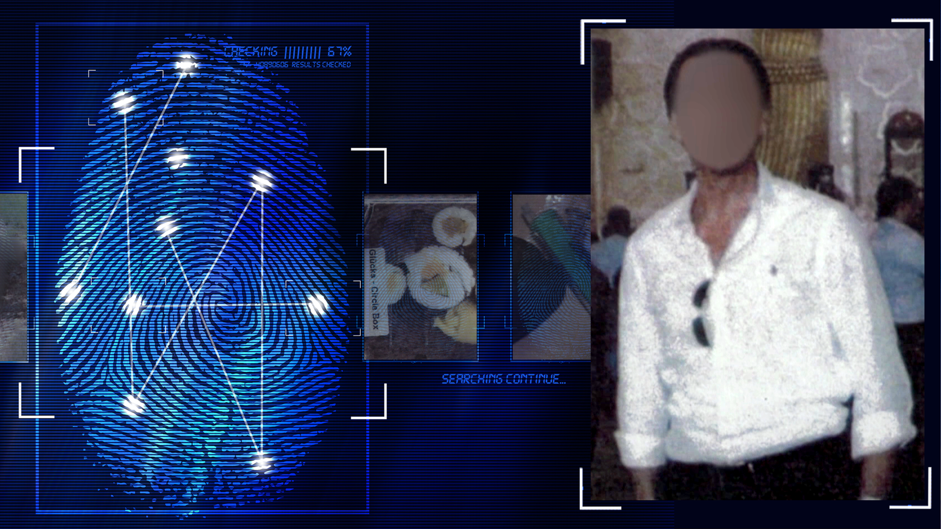 Foto des Opfers bei einem privaten Anlass. Der Mann trägt ein weißes Hemd, das Gesicht wurde im Bild technisch verfremdet. Links daneben: Lichtschematische Darstellung eines Fingerabdrucks