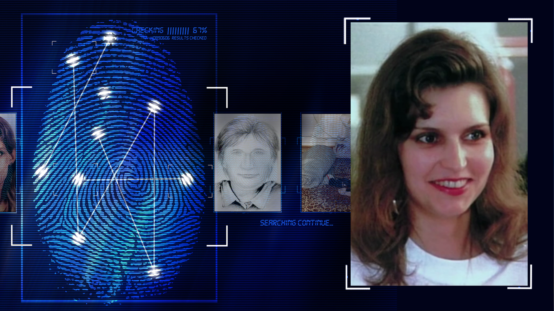 Foto des Mordopfers Tatiana Cherchneva. Junge Frau mit langen dunklen Haaren und rotem Lippenstift. Sie trägt Creolen-Ohrringe und ein weißes Oberteil. Links daneben: Lichtschematische Darstellung eines Fingerabdrucks.