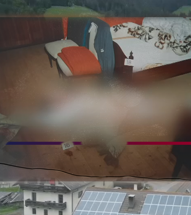 Foto von einem Tatort zeigt Leiche einer Frau vor einem Bett in einem Zimmer. Die Leiche im Bild wurde technisch verfremdet. Links daneben: Lichtschematische Darstellung eines Fingerabdrucks.