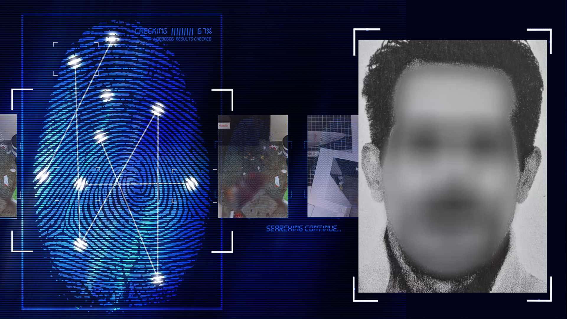 Schwarzweißportraitfoto eines Mannes mit kurzen schwarzen Haaren. Das Gesicht wurde technisch verfremdet im Bild. Zu erkennen ist dennoch ein Schnurrbart. Links daneben: Lichtschematische Darstellung eines Fingerabdrucks.