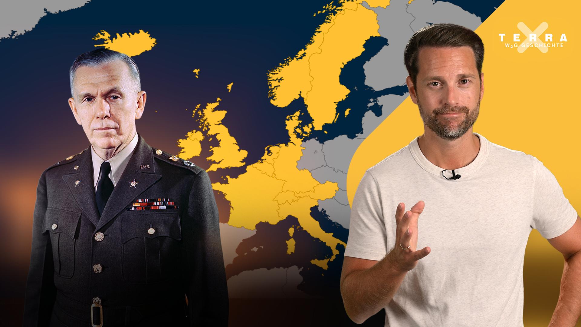  Ex-US-Außenminister George C. Marshall und Mirko Drotschmann, im Hintergrund eine Karte Europas 