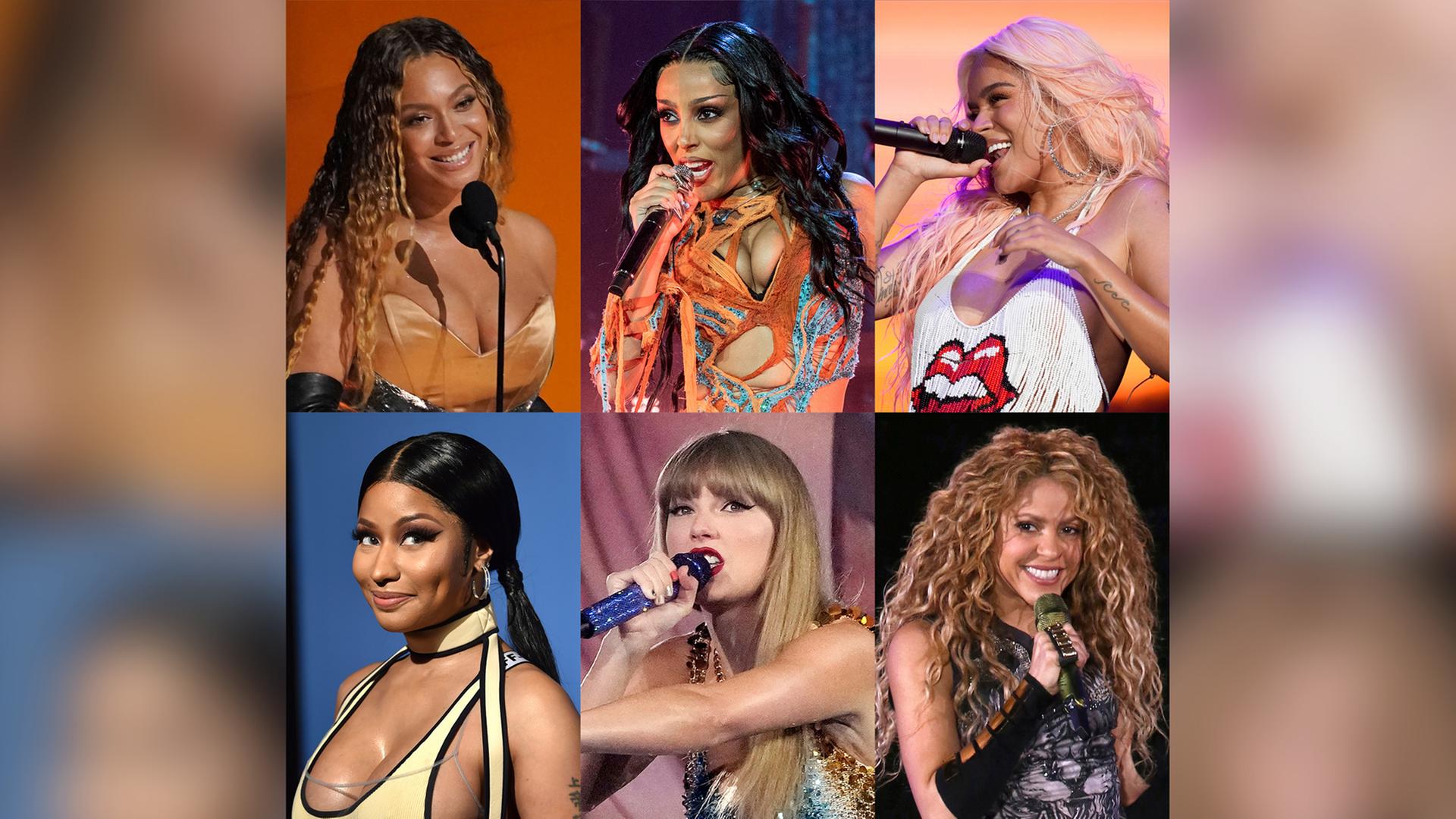 Diese Fotokombination zeigt alle weiblichen Nominierten als Künstlerin des Jahres für die MTV Video Music Awards, obere Reihe von links: Beyoncé, Doja Cat, Karol G, untere Reihe von links: Nicki Minaj, Taylor Swift und Shakira
