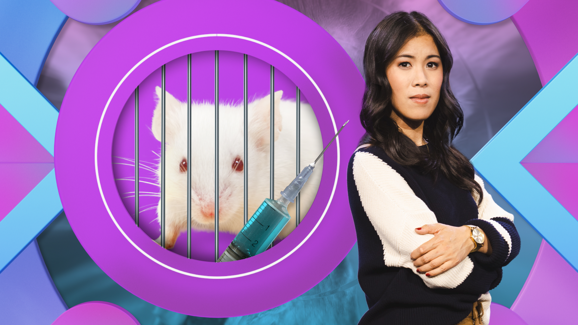 Dr. Mai Thi Nguyen-Kim steht rechts im Halbprofil und schaut kritisch in die Kamera. Links das Bild einer weißen Maus hinter Gittern, davor eine Spritze.