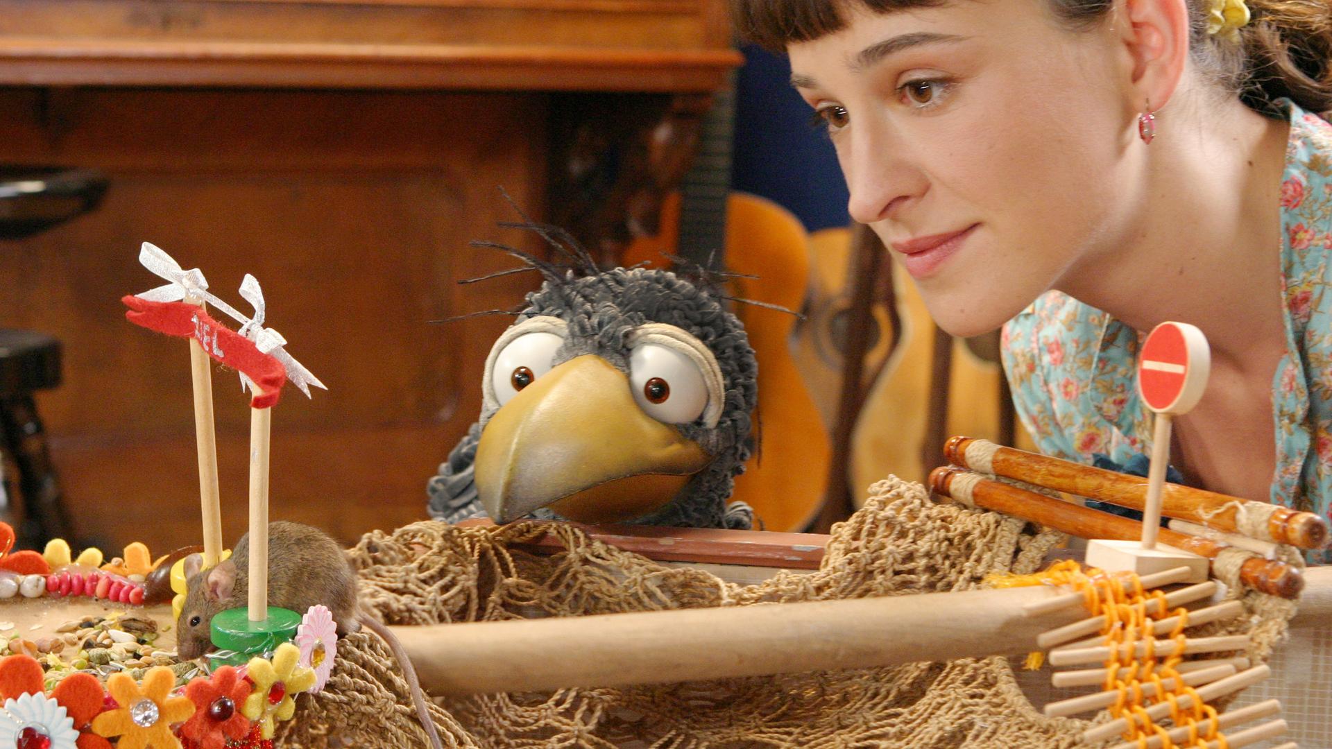 Rabe Rudi und Siebenstein schauen gebannt auf eine Maus, die in einem Parcours hockt.