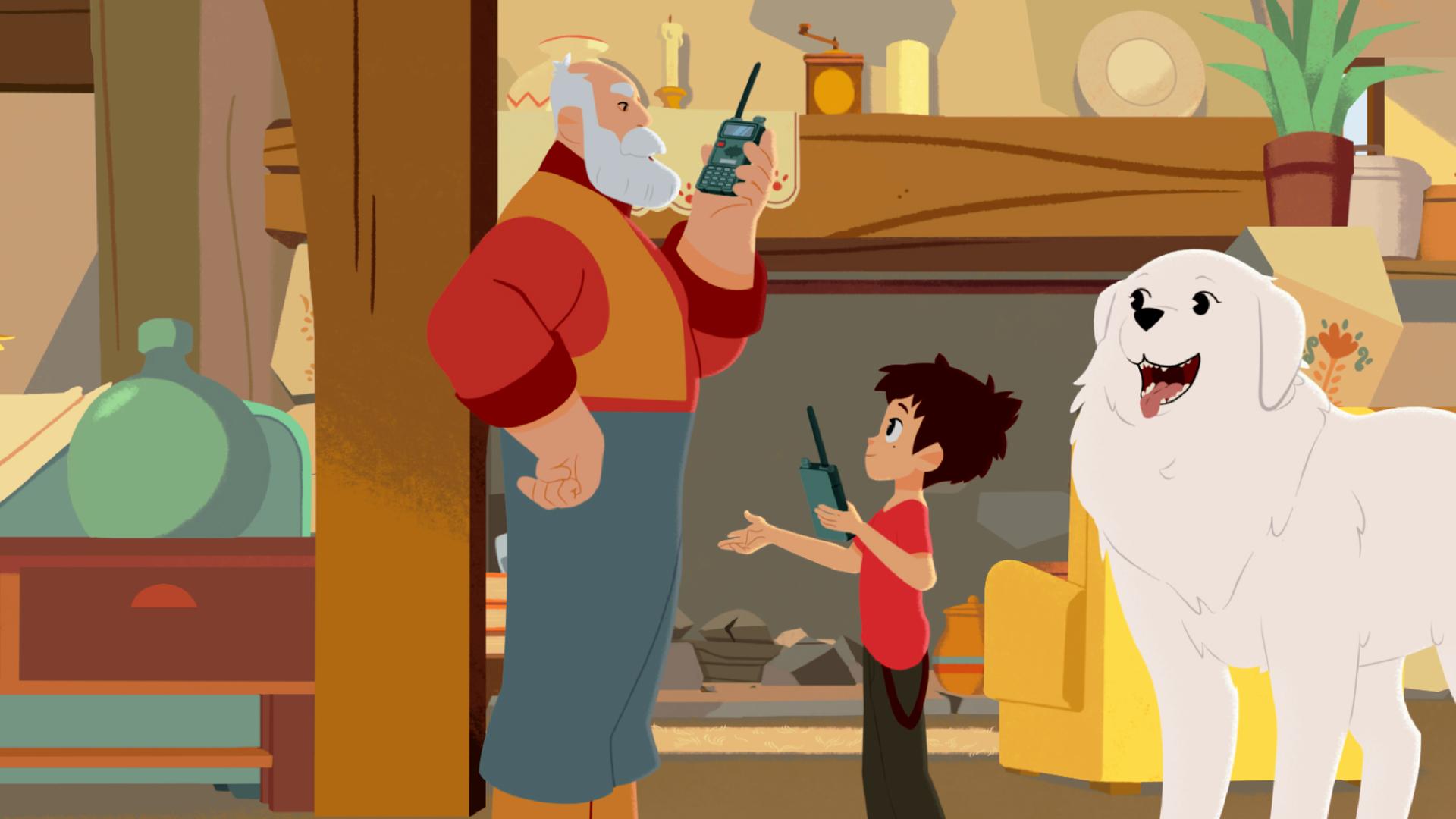 Sebastian (mitte) redet mit Cesar (links). Beide haben ein Funkgerät in der Hand. Belle steht hinter Sebastian.