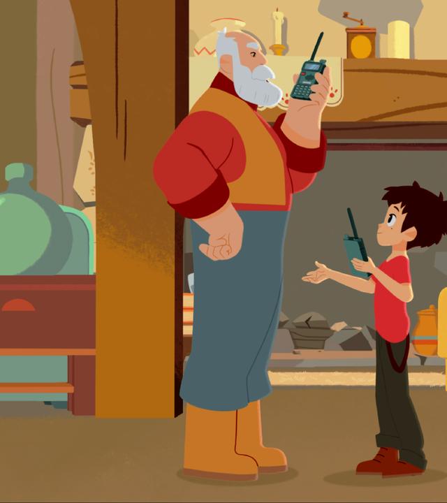 Sebastian (mitte) redet mit Cesar (links). Beide haben ein Funkgerät in der Hand. Belle steht hinter Sebastian.