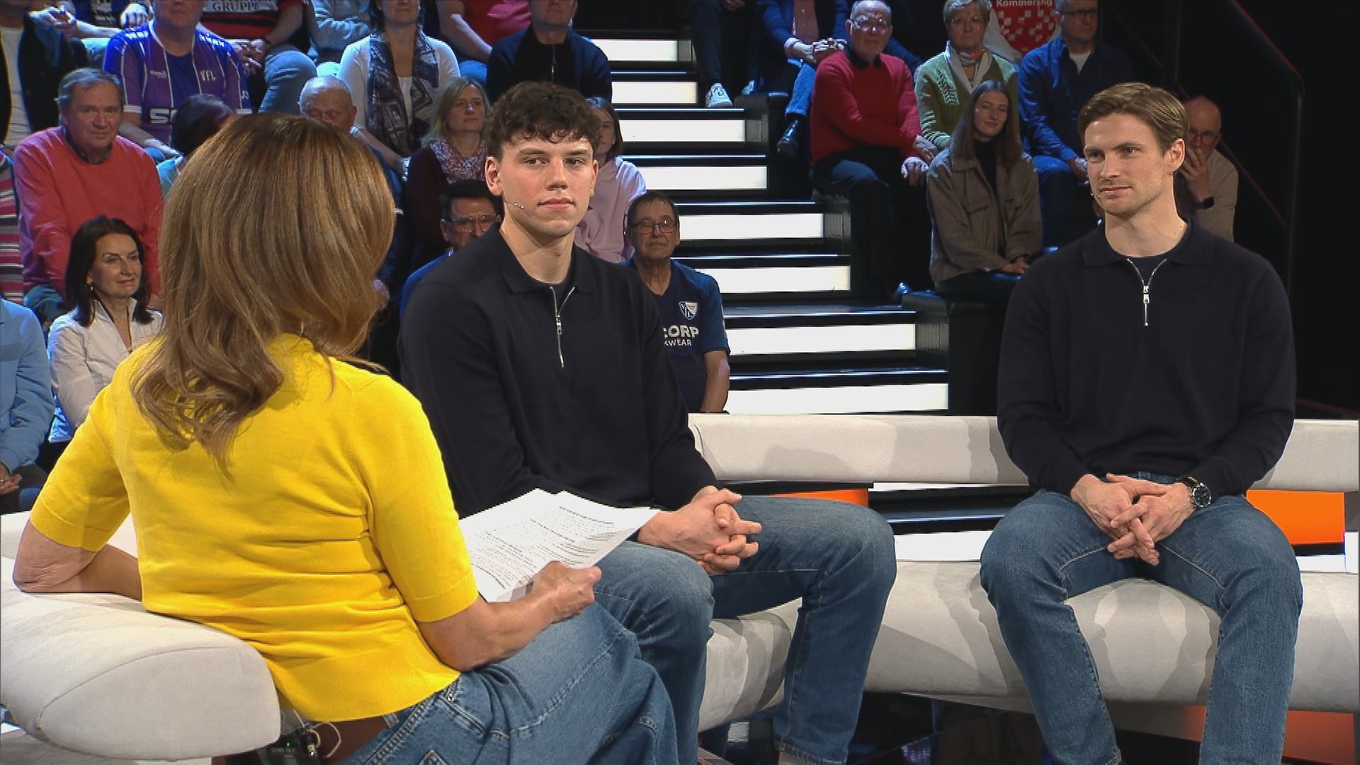 Marko Grgic und Rune Dahmke (rechts) im Gespräch mit sportstudio-Moderatorin Kathrin Müller-Hohenstein