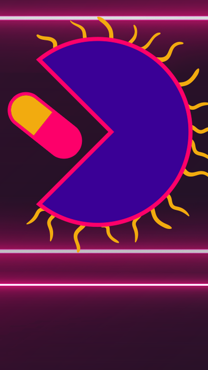 Eine gezeichnete lila Keimzelle verfolgt in Videospielcharakter nachempfunden bunte Pillen