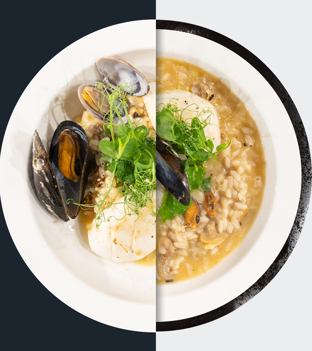 Muschel-Risotto mit Petersilienpüree und gegrillten Sepien