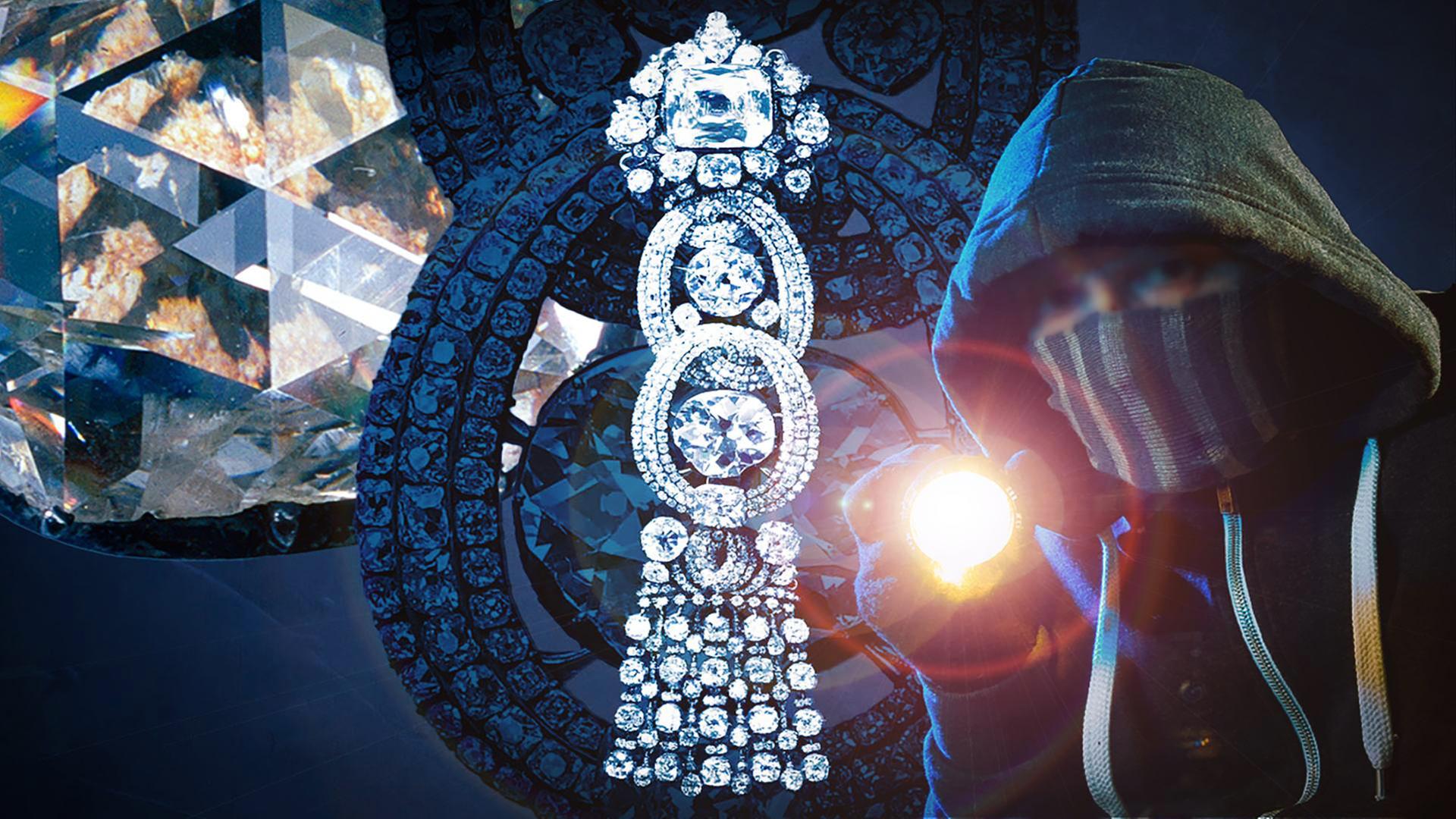 montierte Grafil mit Diamant, Epaulette-Schmuck und einem vermummten Menschen mit Taschenlampe in Hand