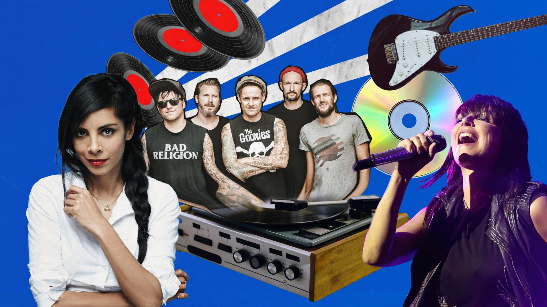 Der Hintergrund des Bildes ist blau. Im oberen Teil des Bildes sind im Hintergrund drei weiße Streifen zu erkennen. Vorne links im Bild steht eine Frau mit schwarzen Haaren und weißem Hemd. Hinter ihrem Kopf sind mehrere Schallplatten zu sehen, unter diesen insgesamt fünf Männer, die direkt in die Kamera schauen. Unter der Männergruppe ist ein Schallplattenspieler, rechts neben ihnen eine elektrische Gitarre, eine CD und eine Frau, die in ein Mikrofon singt.
