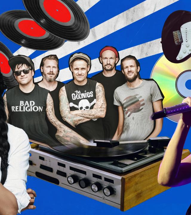 Der Hintergrund des Bildes ist blau. Im oberen Teil des Bildes sind im Hintergrund drei weiße Streifen zu erkennen. Vorne links im Bild steht eine Frau mit schwarzen Haaren und weißem Hemd. Hinter ihrem Kopf sind mehrere Schallplatten zu sehen, unter diesen insgesamt fünf Männer, die direkt in die Kamera schauen. Unter der Männergruppe ist ein Schallplattenspieler, rechts neben ihnen eine elektrische Gitarre, eine CD und eine Frau, die in ein Mikrofon singt.