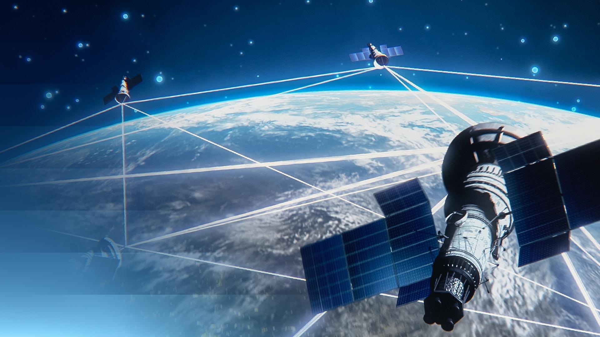 Viele miteinander verbundene Satelliten im Weltall mit der Erde im Hintergrund