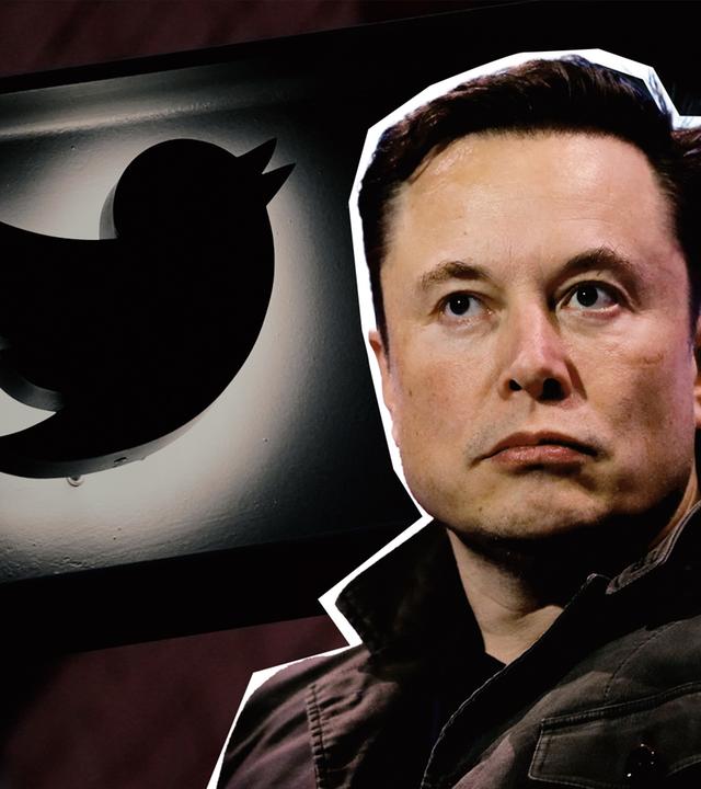 Eine Collage: Links das Twitter-Symbol in schwarz mit weißen Umrissen, rechts ein ausgeschnittener Elon Musk.