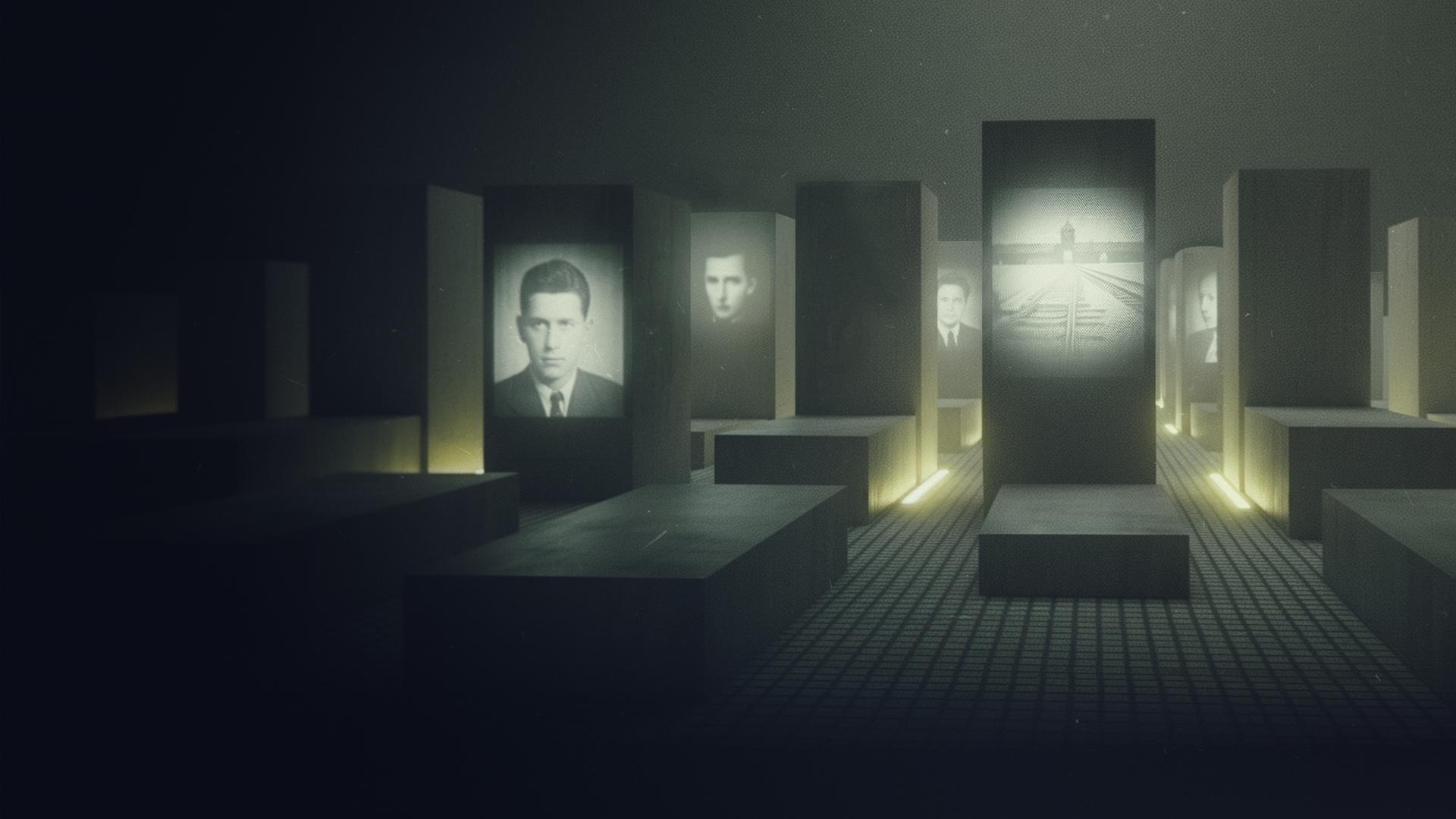 Eine Reihe von Grabsteinen, auf denen Bilder von Holocaustüberlebenden und eines Konzentrationslagers zu sehen sind.