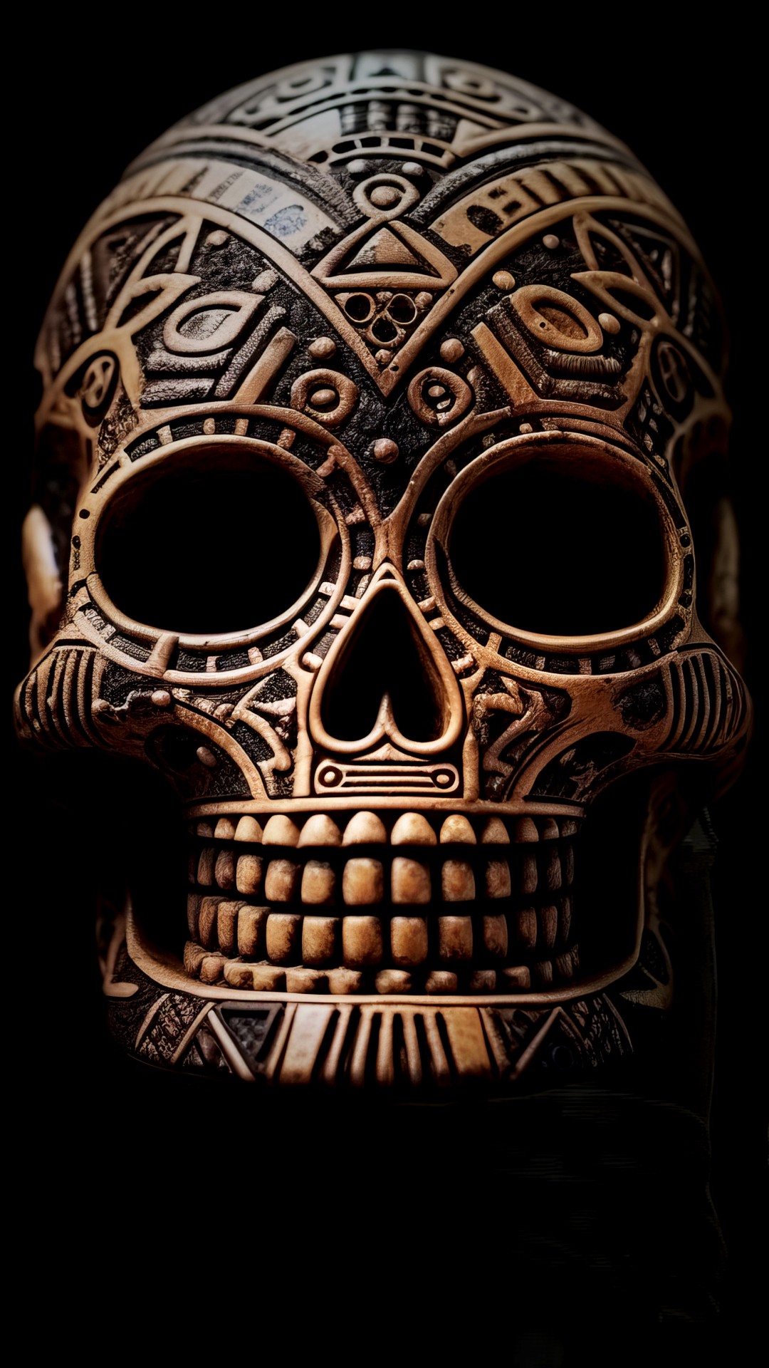 Montage: ein verzierter Totenkopf vor schwarzem Hintergrund