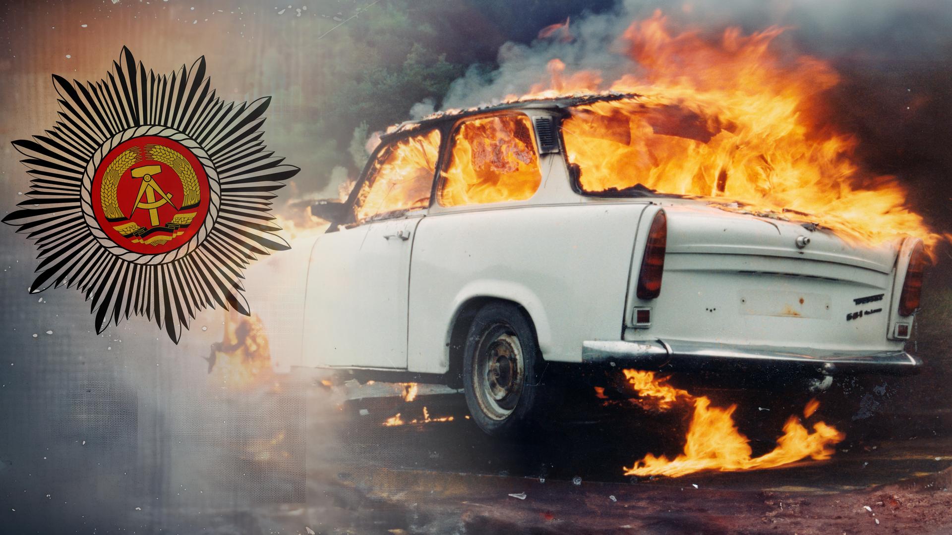 Montage: links ist das Wappens der Volkspolizei der DDR zu sehen, rechts das Bild eines brennenden Trabis. 