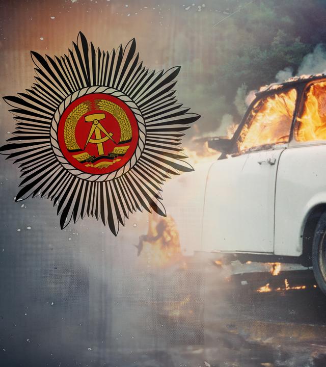 Montage: links ist das Wappens der Volkspolizei der DDR zu sehen, rechts das Bild eines brennenden Trabis. 