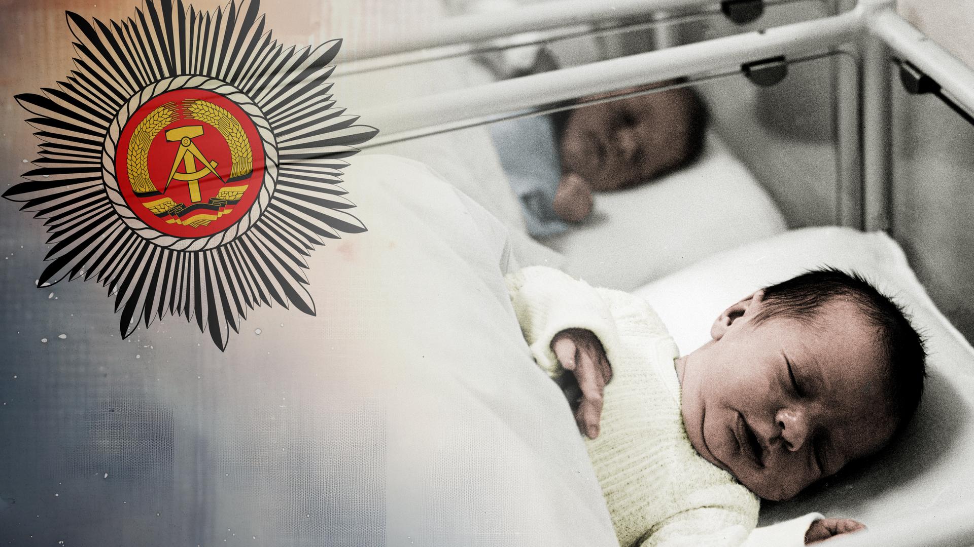 Montage: links das Wappen der Volkspolizei der DDR. Rechts sieht man mehrere schlafende Babys im Neugeborenenzimmer einer Krankenhauses in der DDR.