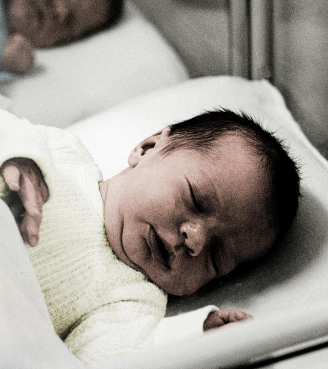Montage: links das Wappen der Volkspolizei der DDR. Rechts sieht man mehrere schlafende Babys im Neugeborenenzimmer einer Krankenhauses in der DDR.