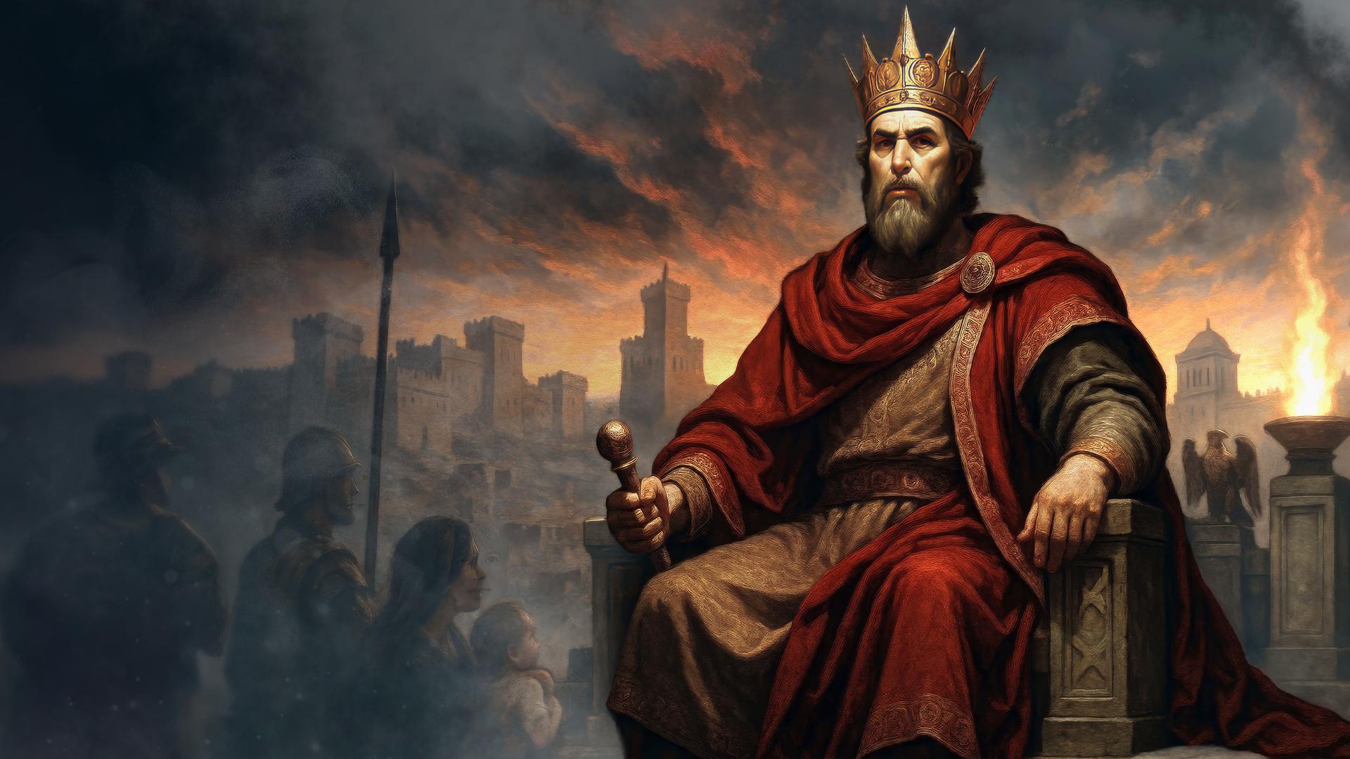 Animation: Herodes sitzt auf seinem Thron, hinter ihm liegt eine Stadt unter Gewitterwolken.